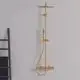 Duschsystem von Ideal Standard mit runden Kopf- und Handbrausen in gebürstetem Gold, montiert an einer hellen Wand.